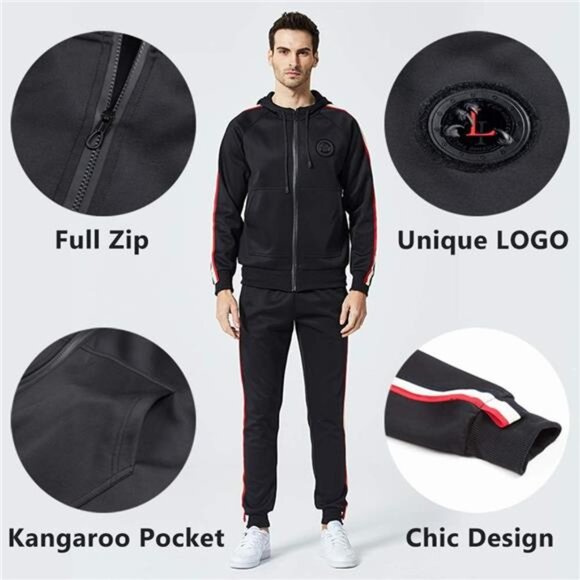 NEW Men's Hooded Athletic Tracksuit Casual Full Zip Jogging Sweat Suits - Picture 3 of 5
